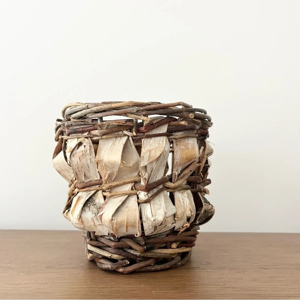 Handcrafted Birch Bark Basket Woven Natural Planter Small Brown